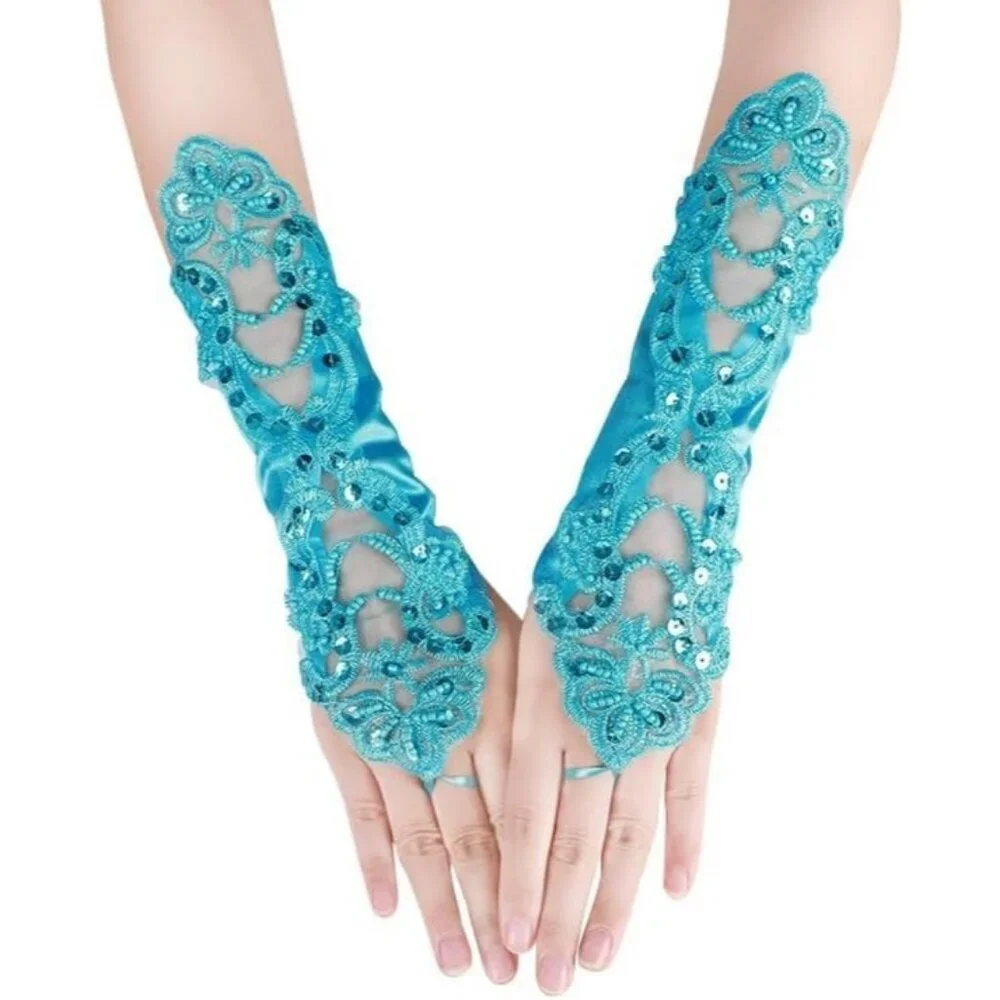 Women's A-Blue Sequins Beads Fingerless Satin Gloves Party Prom Accessories